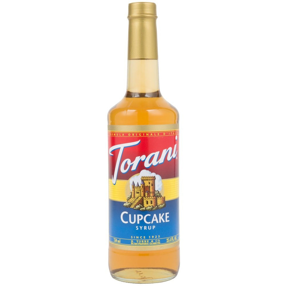 Torani Cupcake Syrup bottle showcases vanilla cream flavor for cafe-style drinks.