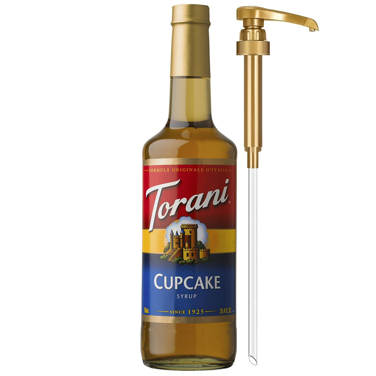 Torani Cupcake Syrup bottle with pump for easy, mess-free flavoring in beverages.
