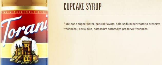 Torani Cupcake Syrup label closeup highlights the 750 ml bottle.