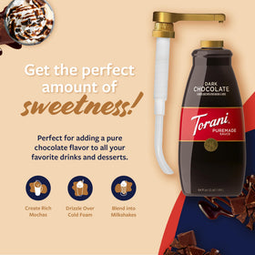 Torani dark chocolate sauce drizzle over dessert for rich finish