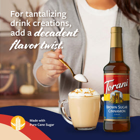 Torani syrup bottle on kitchen counter ready for dessert toppings.