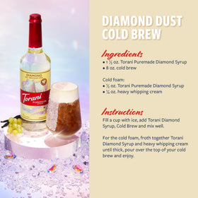 Torani Diamond Syrup bottle label detail highlighting authentic branding and ingredients.