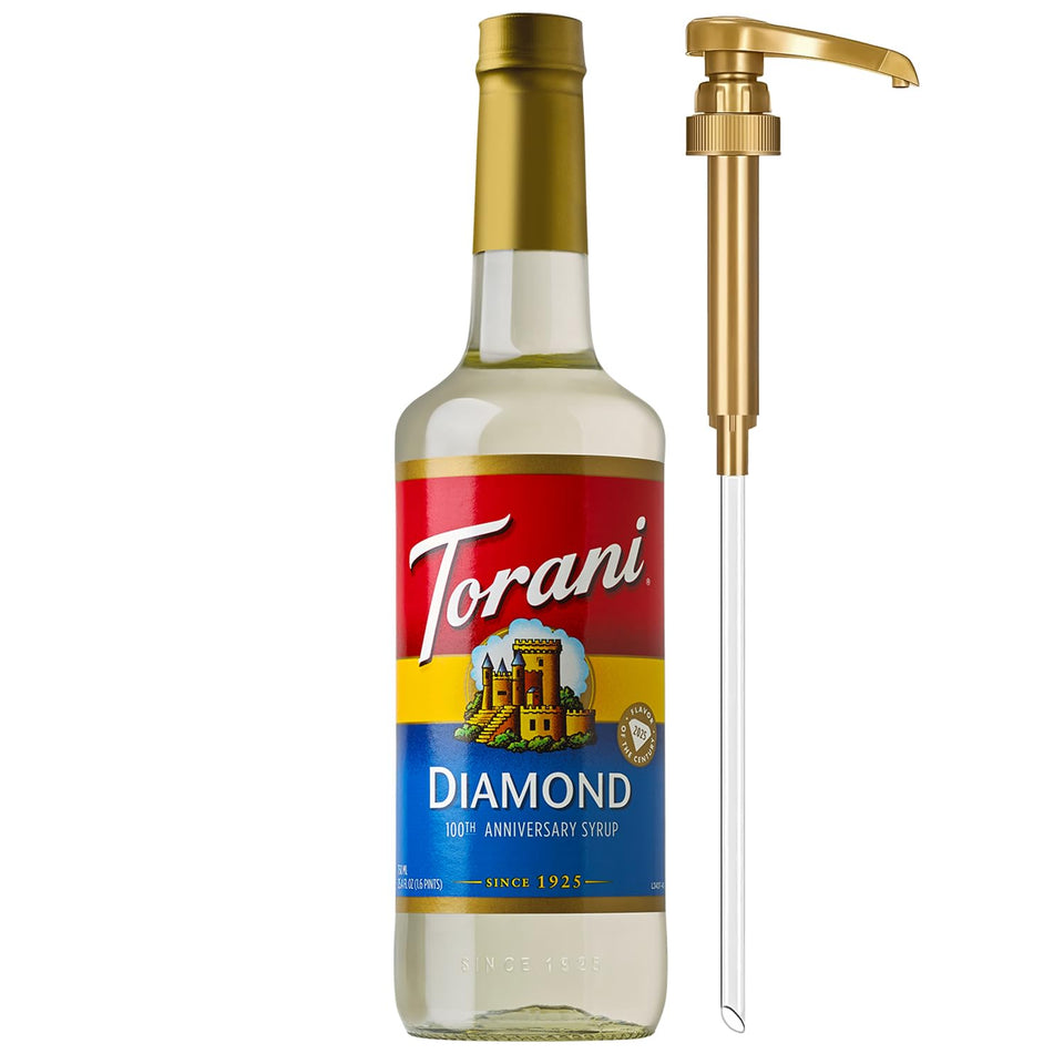 Torani Diamond Syrup glass bottle with pump included for precise, mess-free sweetening.