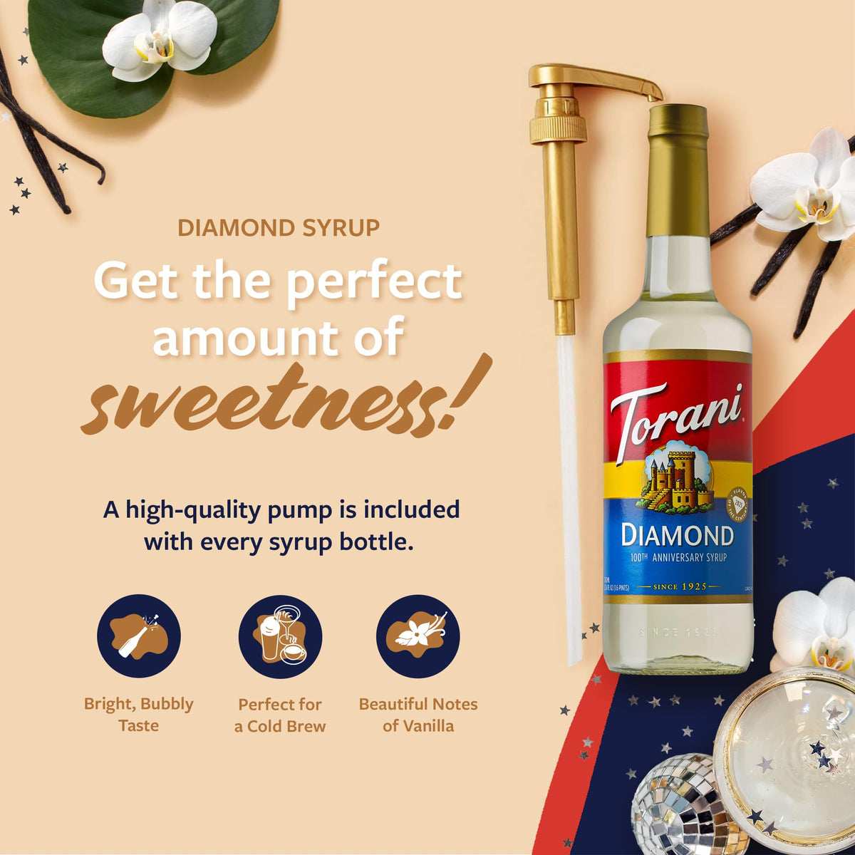 Torani Diamond Syrup pump assembly demonstrating easy portion control for recipes.