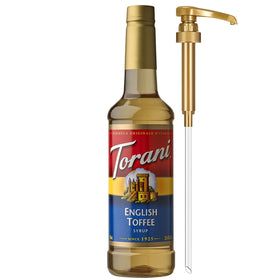 Torani English Toffee Syrup bottle with pump for easy, mess-free flavoring.