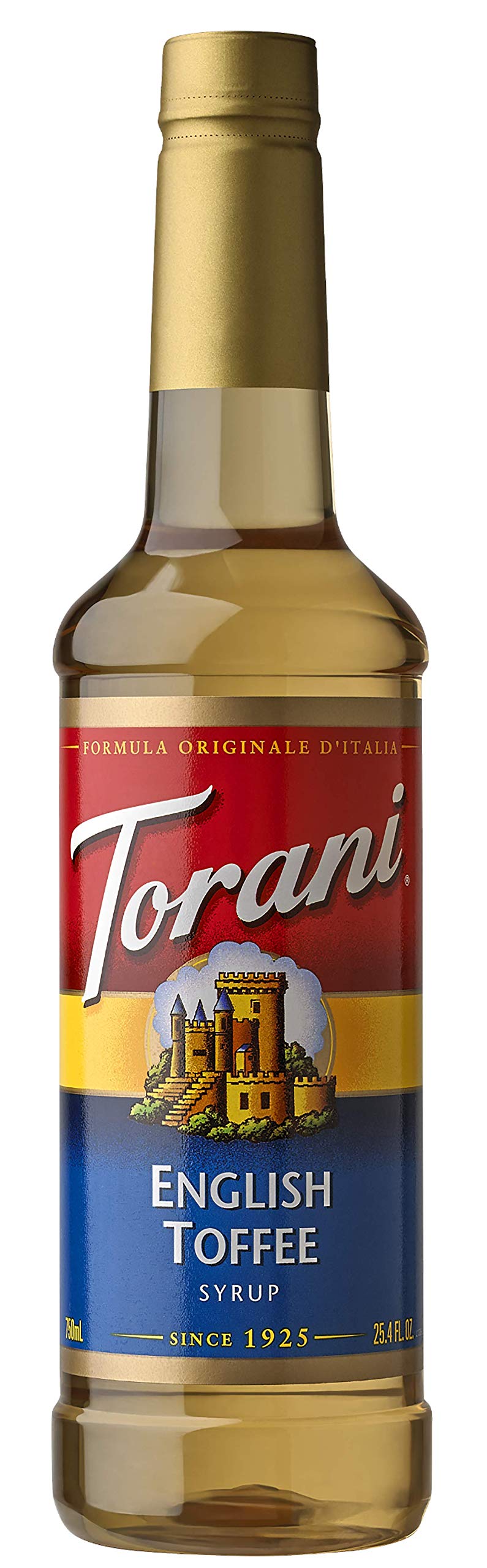 Torani English Toffee Syrup bottle on kitchen counter adds buttery depth to drinks