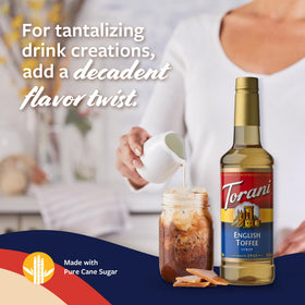 Torani bottle label close-up showing BPA-free packaging and premium design.