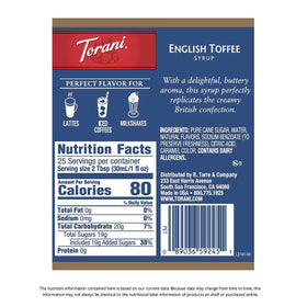 Close-up of Torani label on English Toffee Syrup bottle highlighting premium ingredients