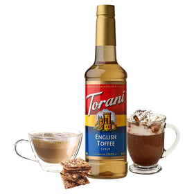 Torani English Toffee Syrup being poured into coffee for creamy, caramelized flavor