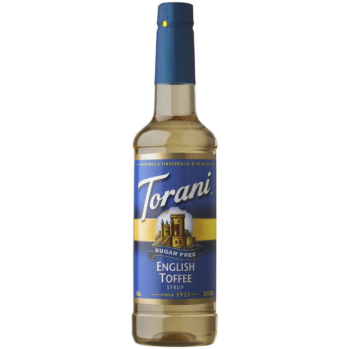 Torani English Toffee Sugar Free syrup bottle showing calorie-free flavor for beverages.