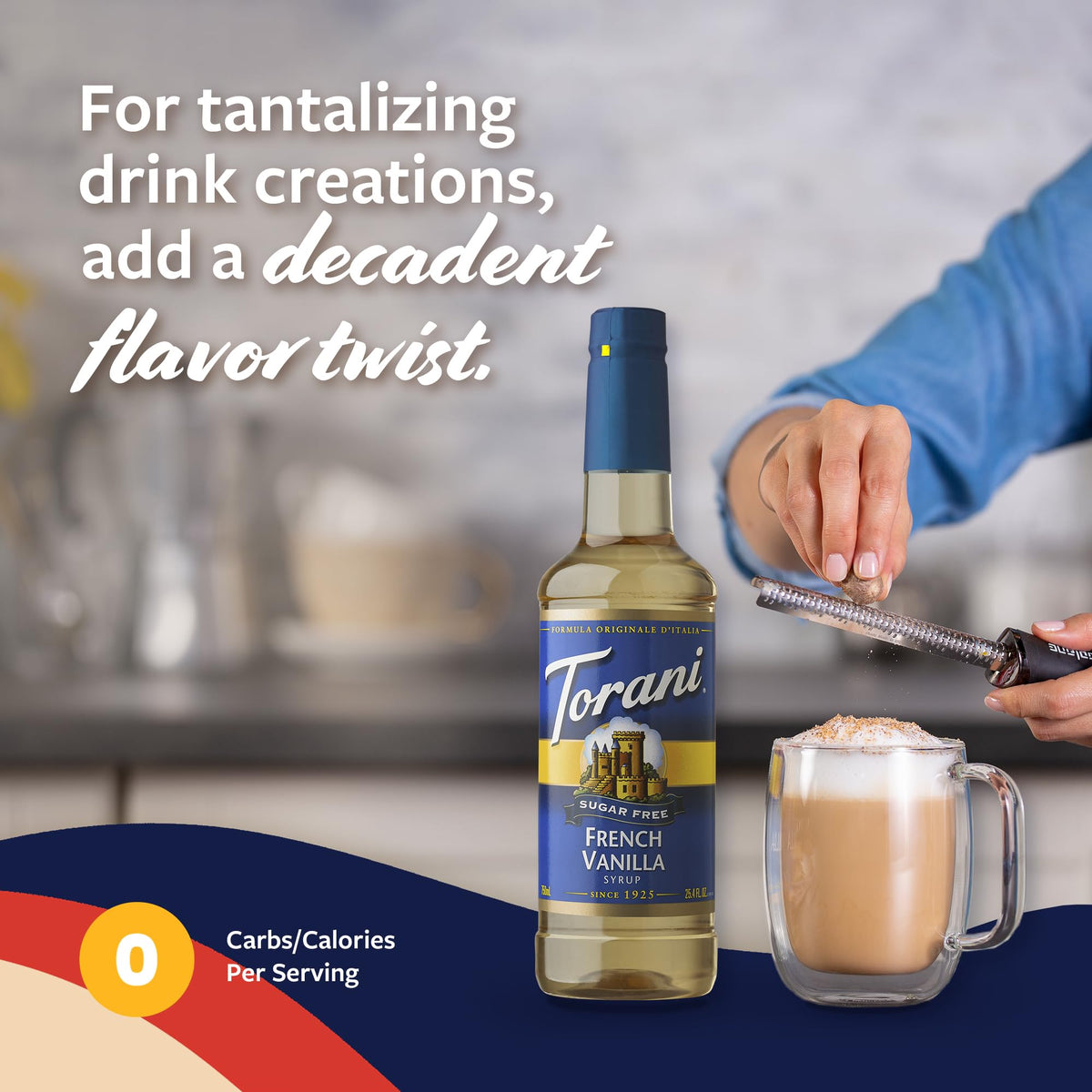 Torani French Vanilla sugar free bottle poured into iced coffee.