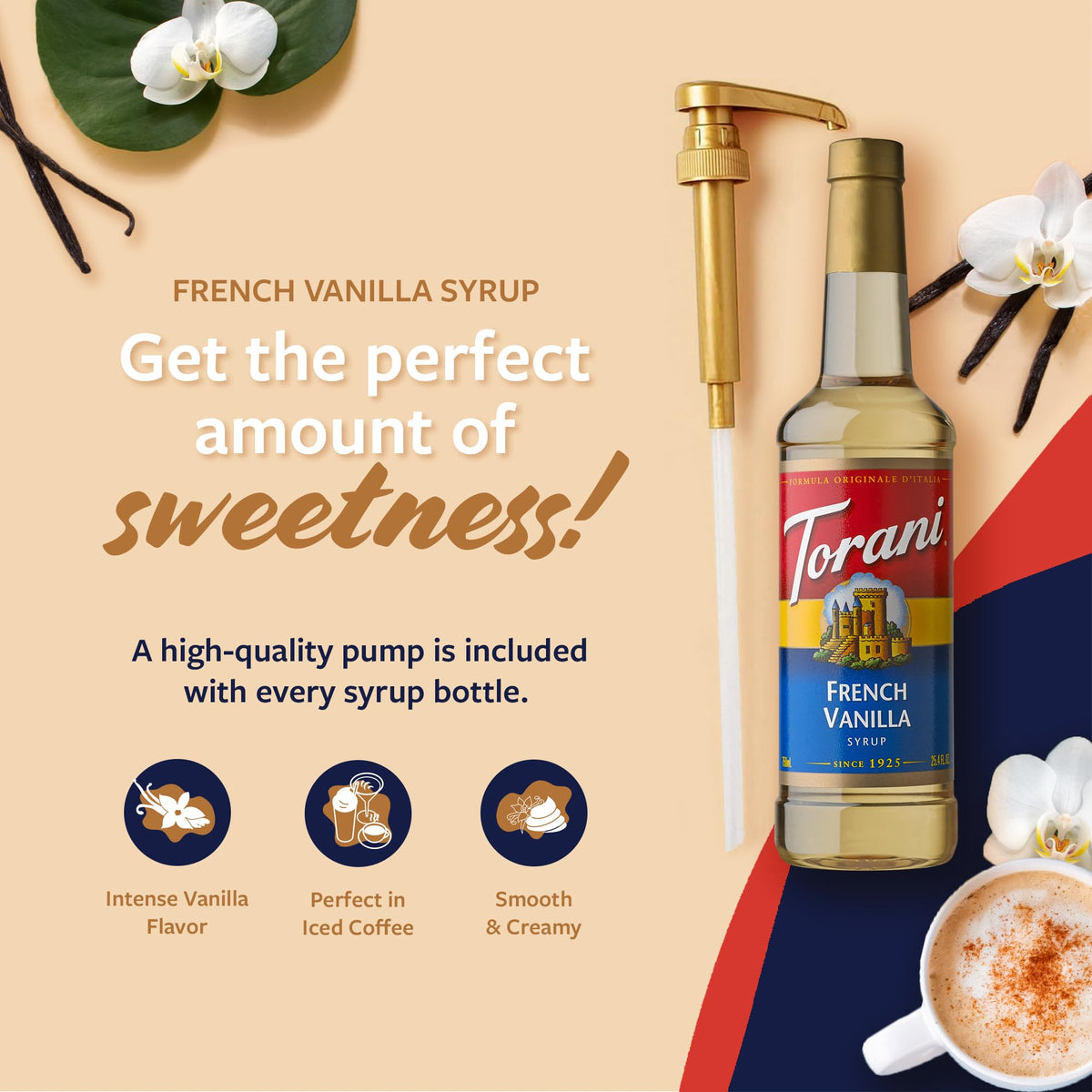 Steamed milk and vanilla steam art accented by Torani French Vanilla.
