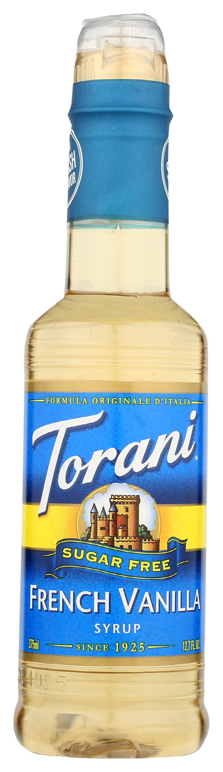 Torani French Vanilla Sugar Free bottle 4-pack on a kitchen counter, ideal for sugar-free coffee flavoring