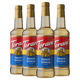 Torani French Vanilla syrup bottle pour to enhance lattes