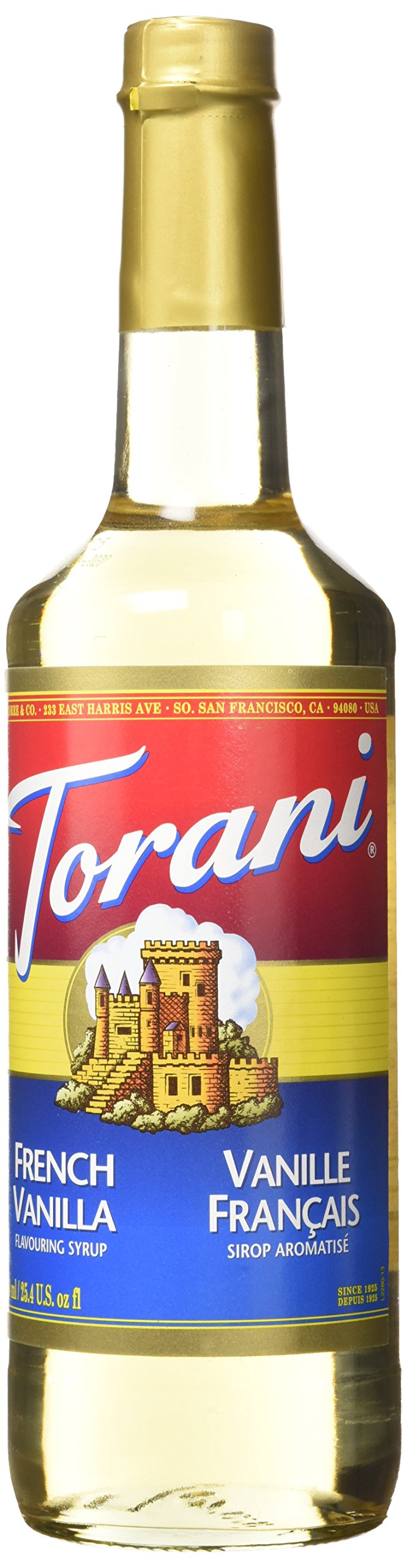 Torani French Vanilla syrup bottle with pump for precise sweetness in coffee.