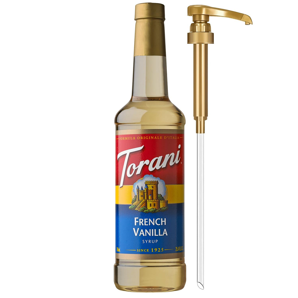 Torani French Vanilla syrup bottle with pump for easy portioning and mess-free use.