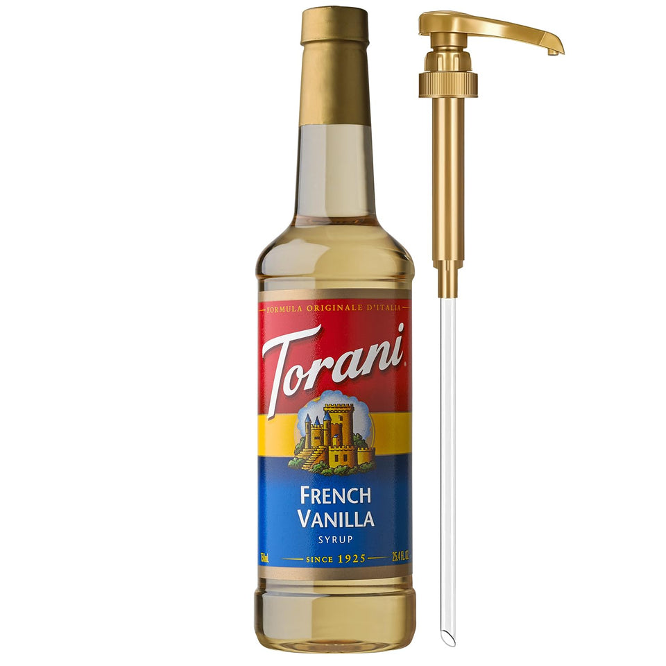 Torani French Vanilla syrup bottle with pump for easy portioning and mess-free use.