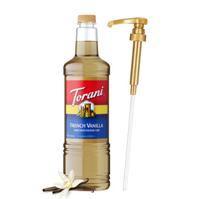 Torani French Vanilla Syrup bottle with pump for café-style lattes at home
