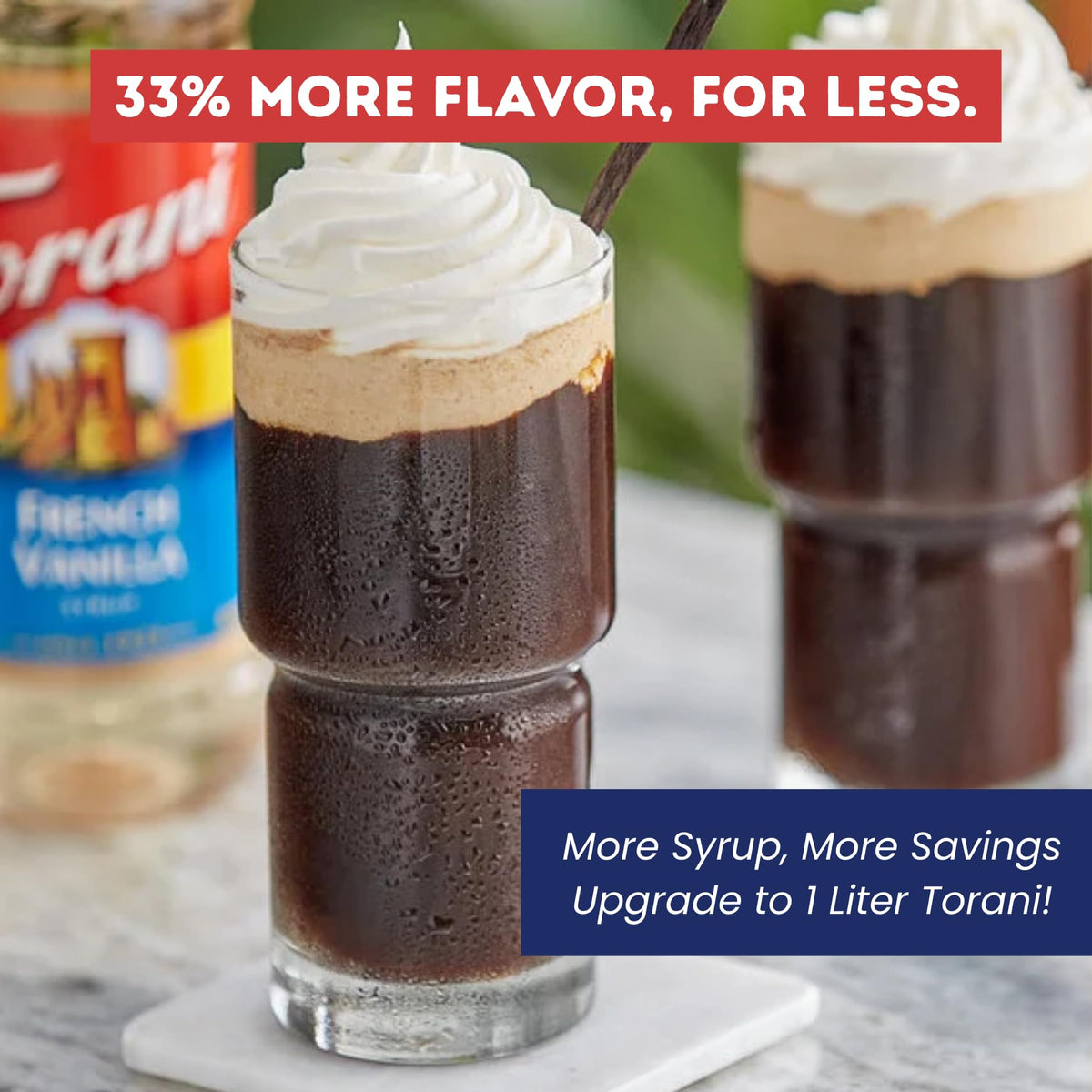 Torani French Vanilla Syrup label close-up highlighting premium ingredients