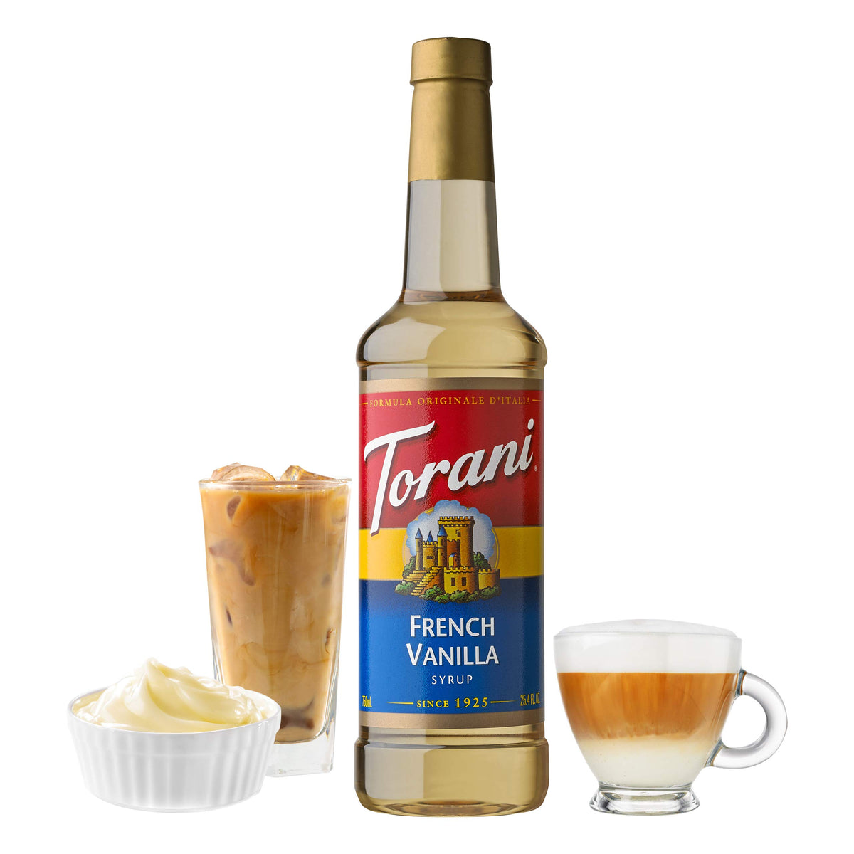 Torani French Vanilla syrup pack on kitchen shelf for everyday beverages