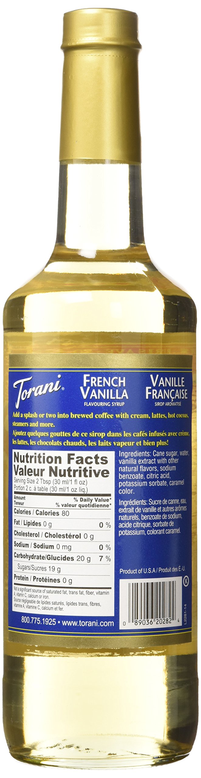 Torani French Vanilla syrup being poured into coffee for a creamy flavor boost.