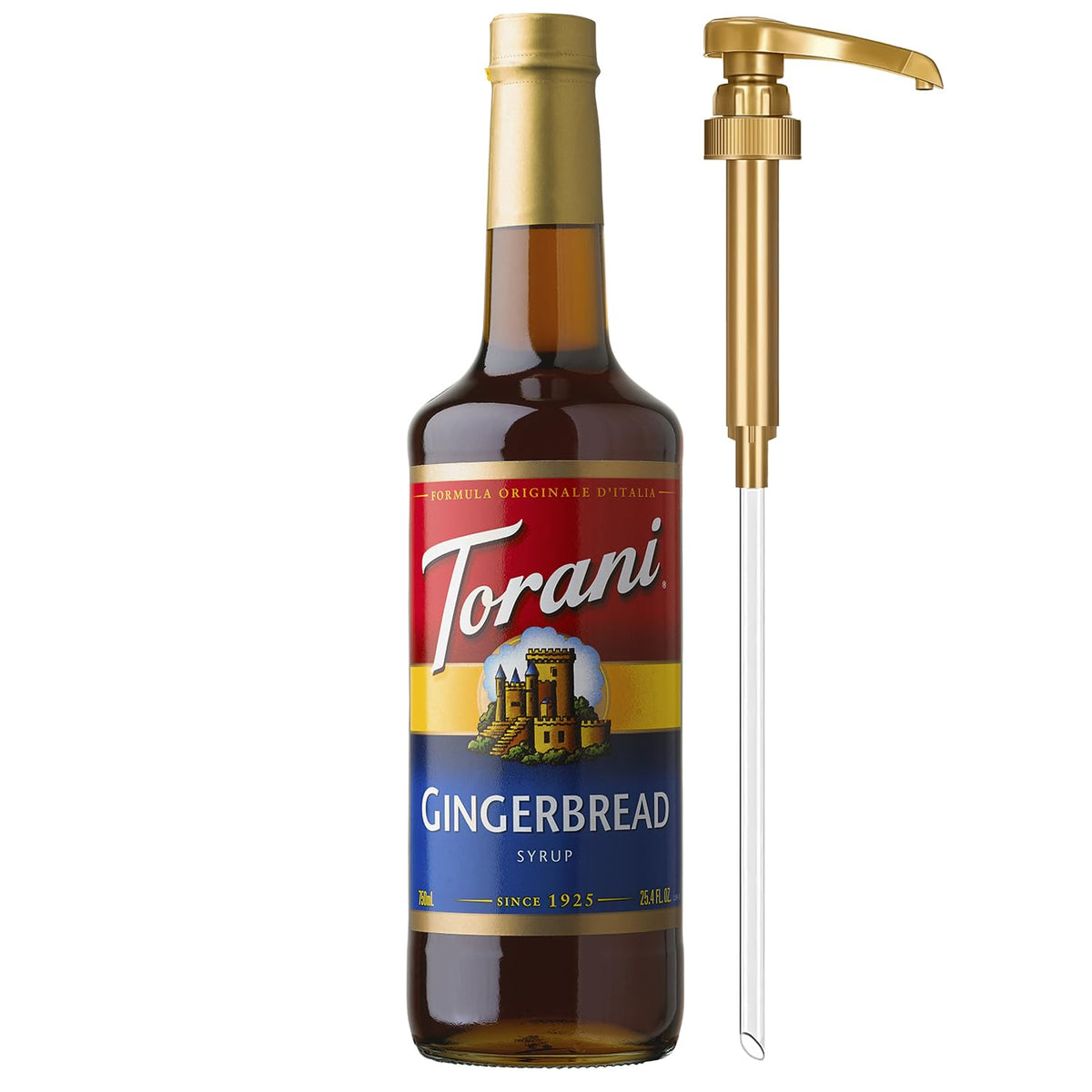 Torani Gingerbread Syrup bottle with pump, ideal for easy holiday drinks.
