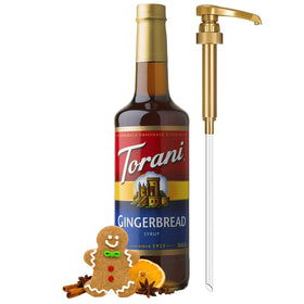 Torani Gingerbread syrup is poured into coffee for a warm, festive twist.