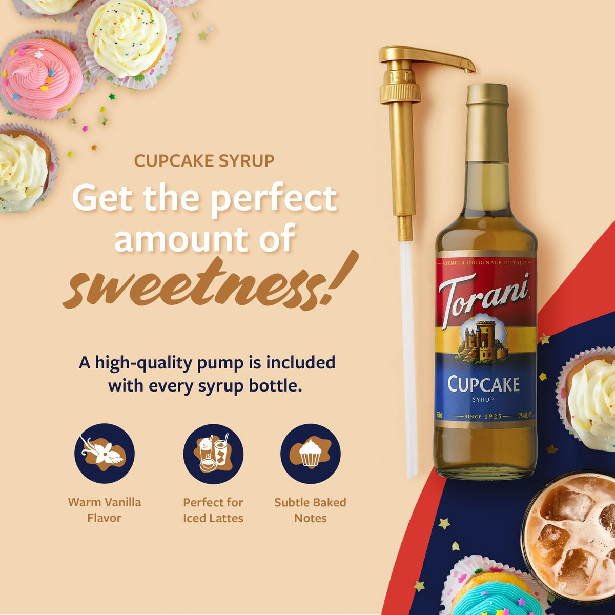 Torani Cupcake Syrup glass bottle highlights vanilla cupcake flavor for customizable drinks.
