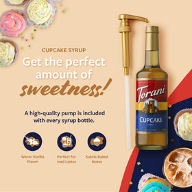Torani Cupcake Syrup glass bottle highlights vanilla cupcake flavor for customizable drinks.