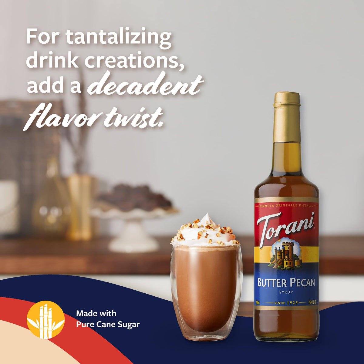 Torani glass bottle with label showcasing premium flavor at home.