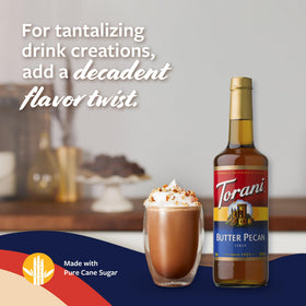 Torani glass bottle with label showcasing premium flavor at home.