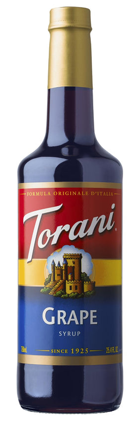 Torani grape syrup bottle shows rich purple color for beverages