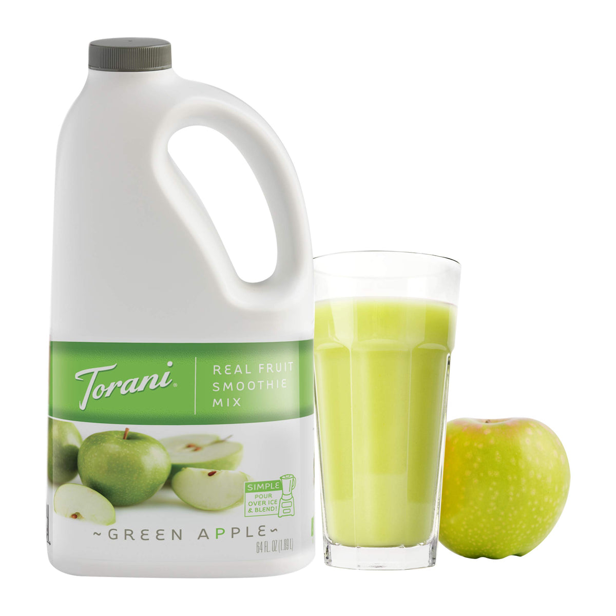 Torani real fruit mix in a glass with ice highlighting natural apple flavor