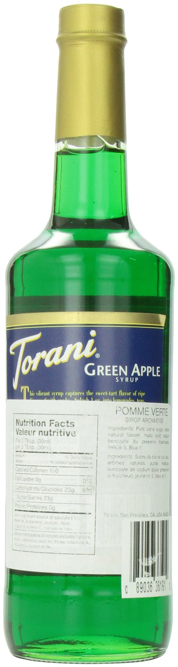 Torani Green Apple Syrup in a glass with ice, ideal for refreshing beverages