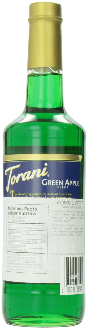 Torani Green Apple Syrup in a glass with ice, ideal for refreshing beverages