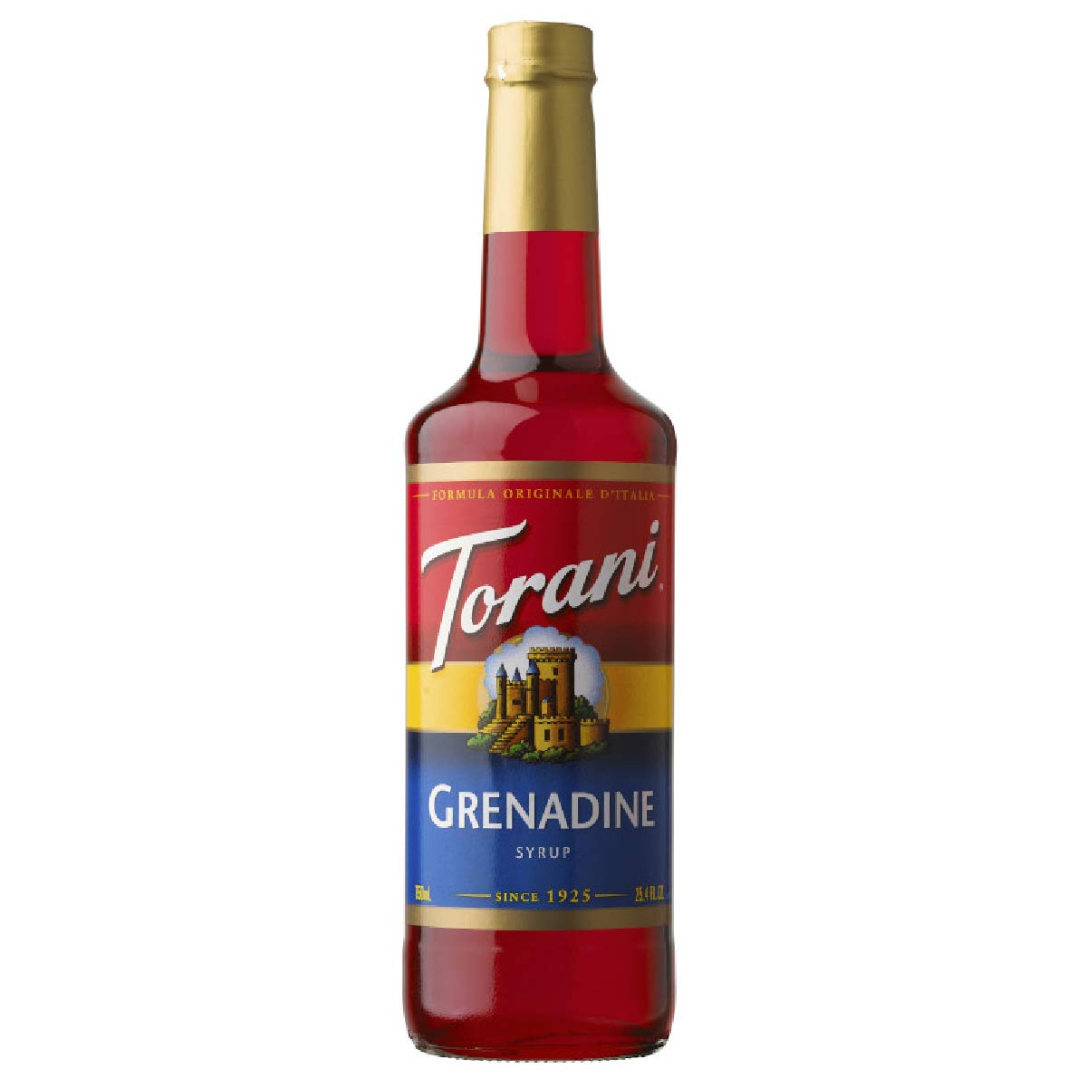 Torani Grenadine syrup bottle on counter for premium drink flavoring.