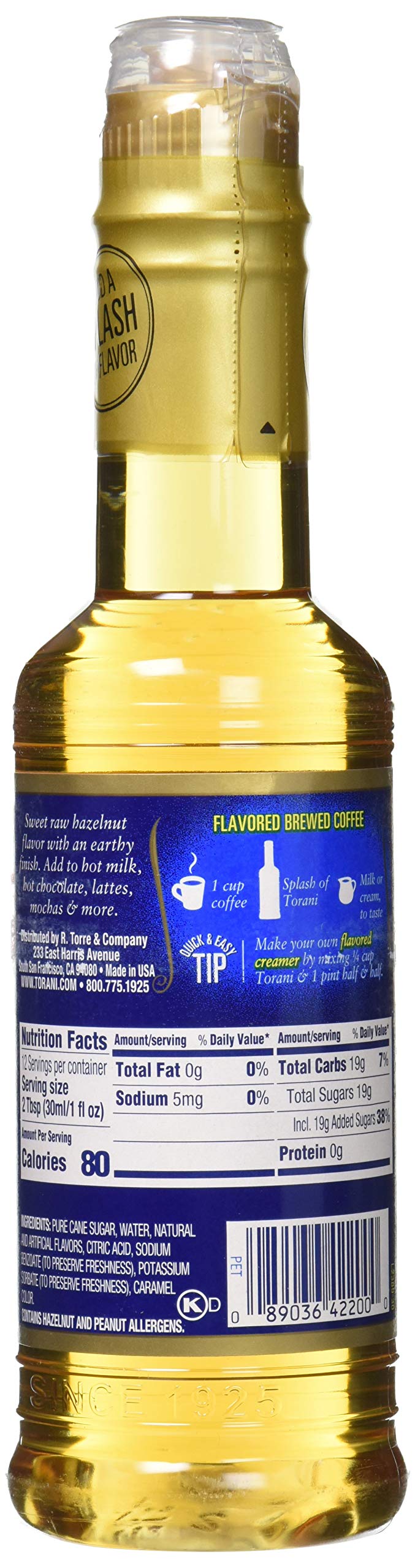 Torani Hazelnut syrup close-up label highlighting natural flavor and cane sugar