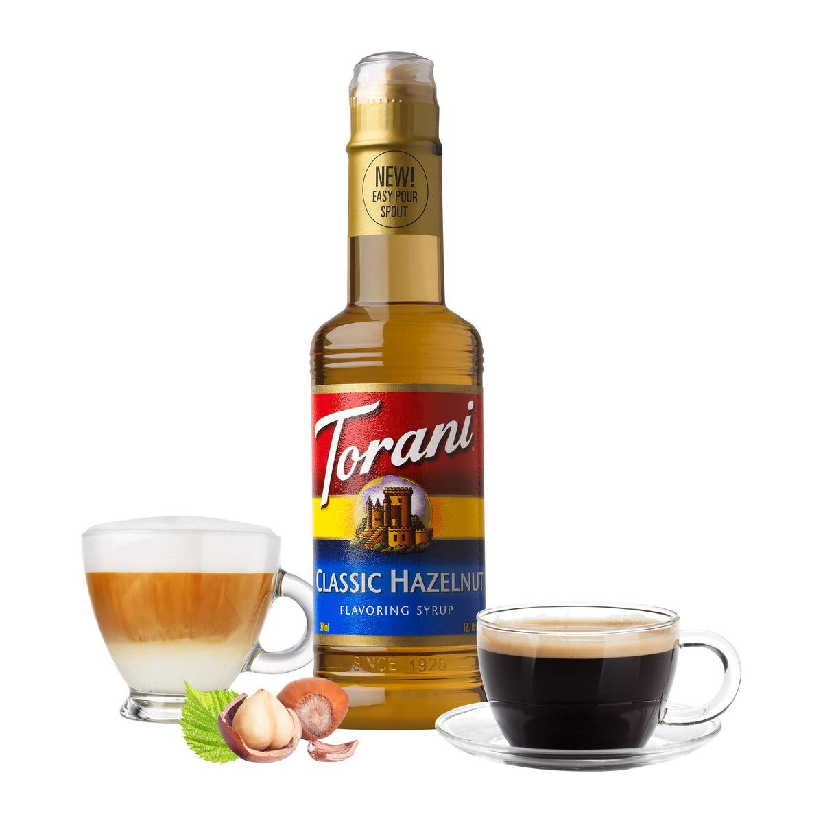 Torani Hazelnut syrup four-pack on display for versatile flavor options