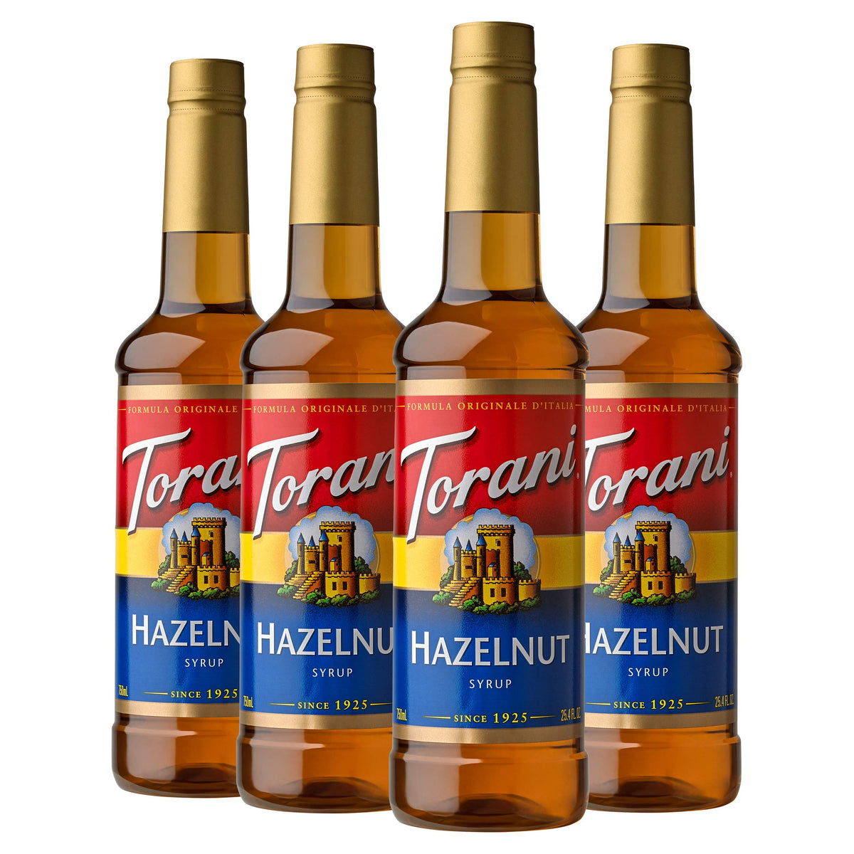 Torani Hazelnut Syrup bottle pouring rich hazelnut flavor into beverages