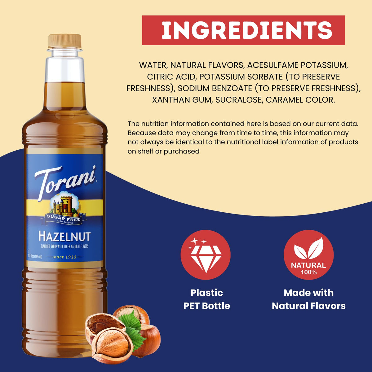 Torani hazelnut syrup bottle in cafe-style setting for authentic flavor.