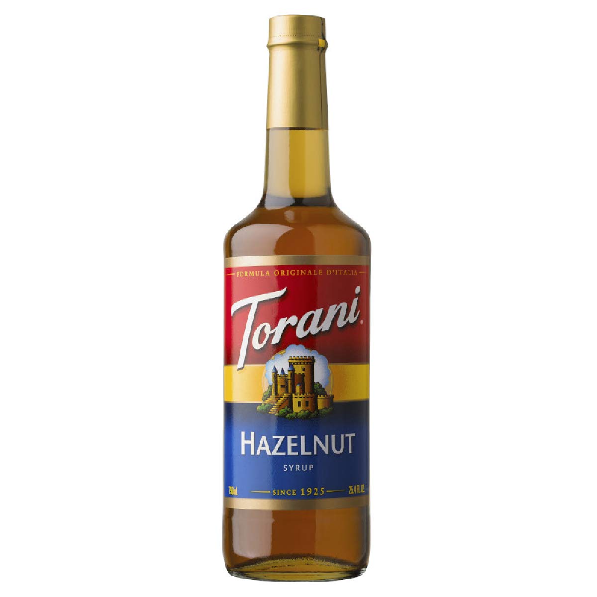 Torani Hazelnut Syrup bottle front with rich flavor for coffee and desserts.