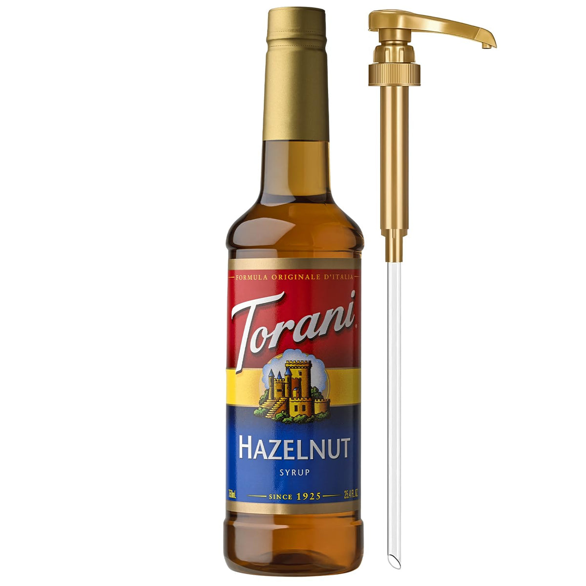 Torani Hazelnut syrup bottle with pump for easy coffee flavoring.