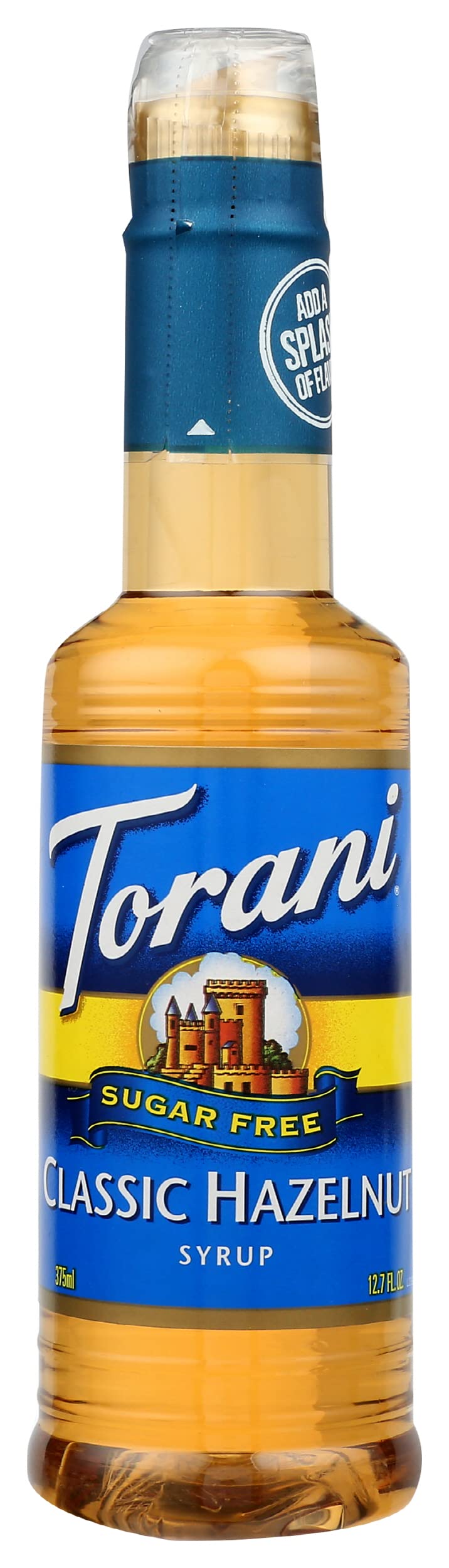 Torani hazelnut sugar-free syrup bottle for coffee flavoring.