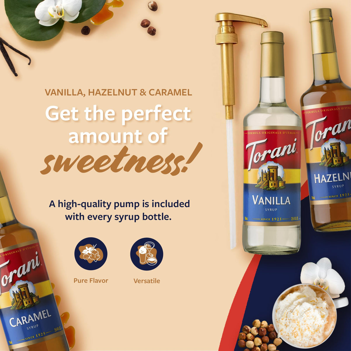 Torani Hazelnut Syrup bottle delivers nutty aroma for cozy moments.