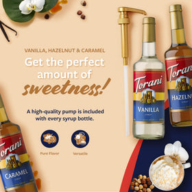 Torani Hazelnut Syrup bottle delivers nutty aroma for cozy moments.