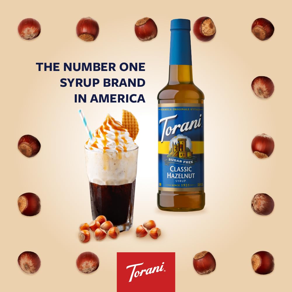Close-up of the Torani Hazelnut syrup label highlighting sugar-free formula