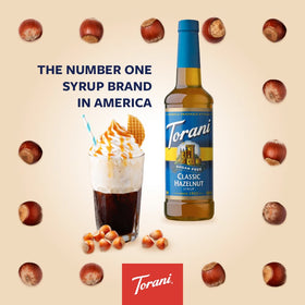 Close-up of the Torani Hazelnut syrup label highlighting sugar-free formula