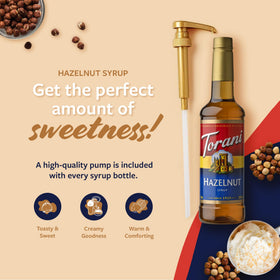 Torani Hazelnut syrup bottle in a latte setup at home.