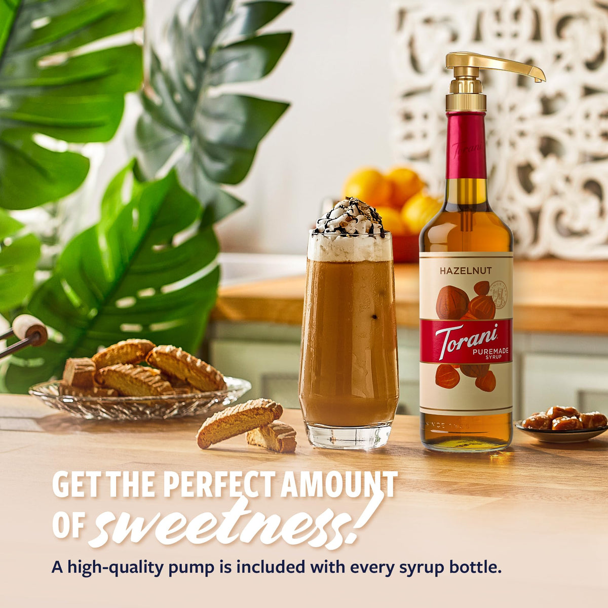 Torani Hazelnut Syrup pour closeup highlights creamy nutty notes.