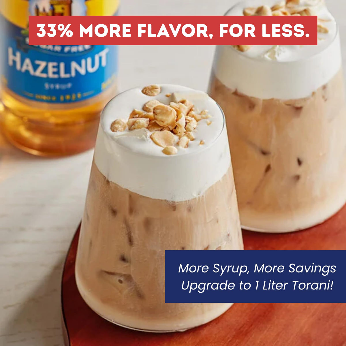 Close-up of Torani hazelnut syrup pump-dispense action showing easy portion control.